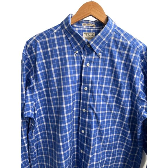 L.L. BEAN  Plaid Blue White Wrinkle & Stain Resistant Button Down Shirt Sz L - Picture 2 of 7